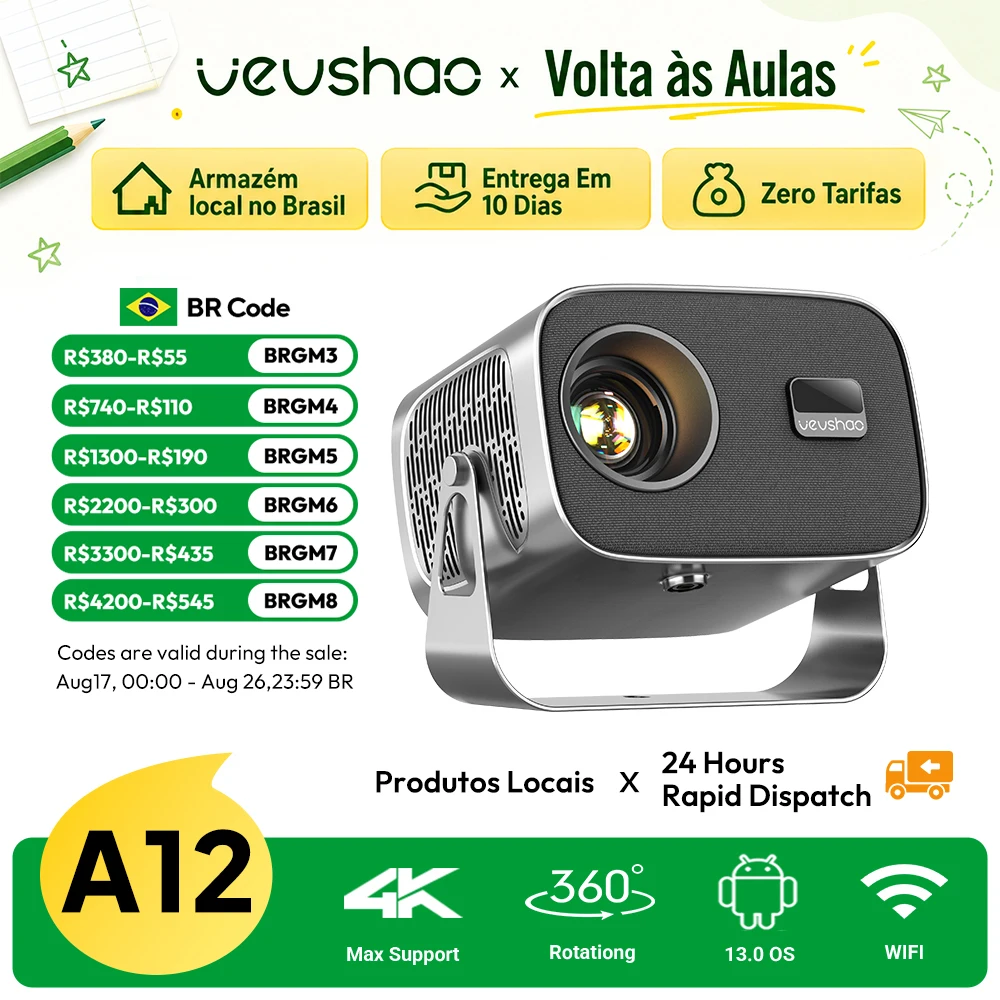 Vevshao a12 projetor portátil mini led 1080p 4k vídeo android 13.0 wifi 6 smartphone espelhamento projetor de cinema em casa