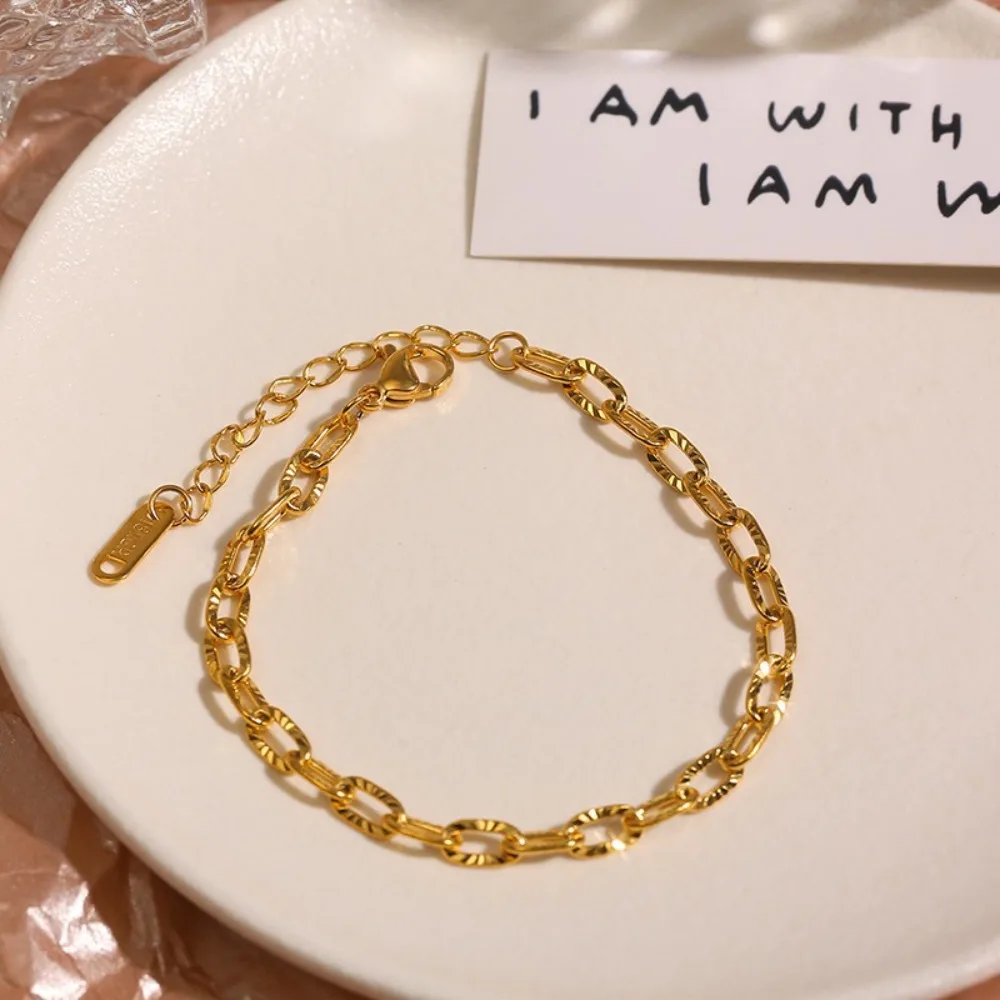 Women Forest‑Style Embossed Bracelet, 18K Gold Plated Titanium Steel Light Luxury Minimalist Unique Design Bangle Hand Jewelry