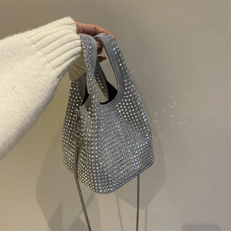 Vintage Women Bucket Bags Faux Diamond Casual Handle Bags Large Capacity Female Daily Chain Shoulder Bag Lady Handbags