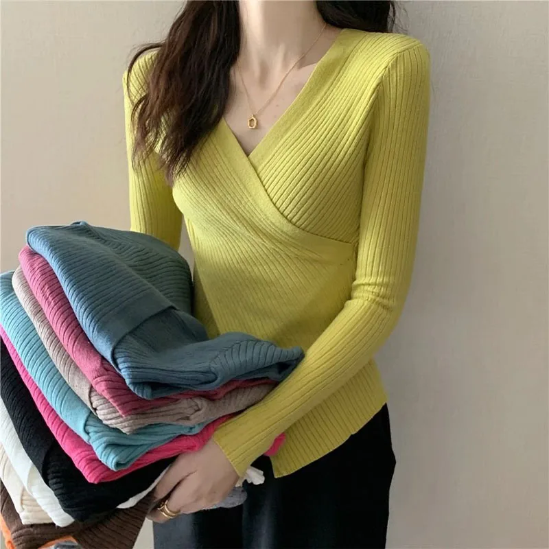 Women Clothing Fashion Chic V-Neck Knitted Top Spring Autumn Crossover Design Knitwear Office Lady Commute Soft Comfort Pullover