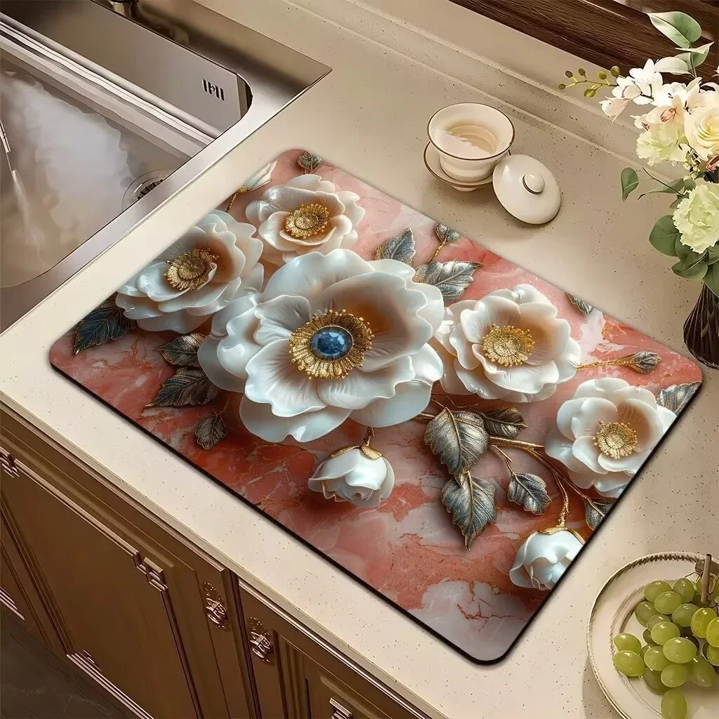 Absorbent Mat Pink Plant Flower Rose Draining Mat Kitchen Tableware Drying Tableware Non Slip Carpet Tableware