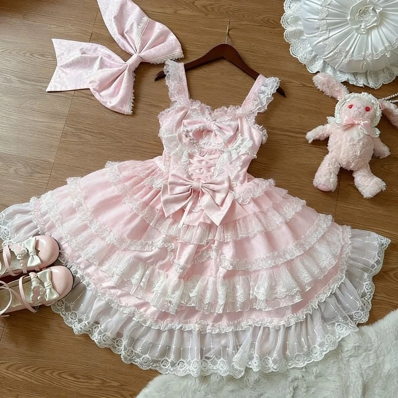 Lolita Kawaii Y2k Jurk met lange mouwen en bandjes Japanse knielange dames elegante kanten strik patchwork baljurk zoet het hele seizoen