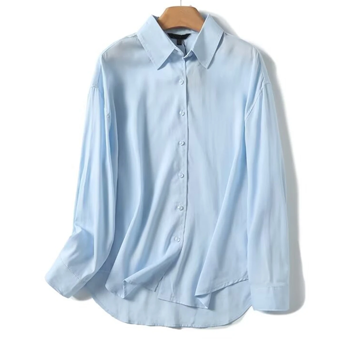 

Jenny&Dave Elegant Cotton Linen Shirt Minimalist Tops Casual Blouse Fashion Commuter Casual Light Blue Chiffon Shirt Women