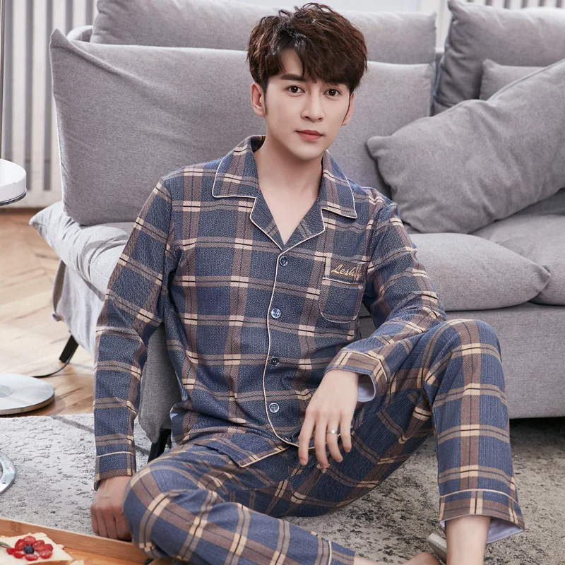 High-Grade Cotton Pyjamas Men\'s Autumn Winter Long-Sleeved Big Yards Outside the Cardigan Homewear Plaid Sleepwear Man2PCS/Set