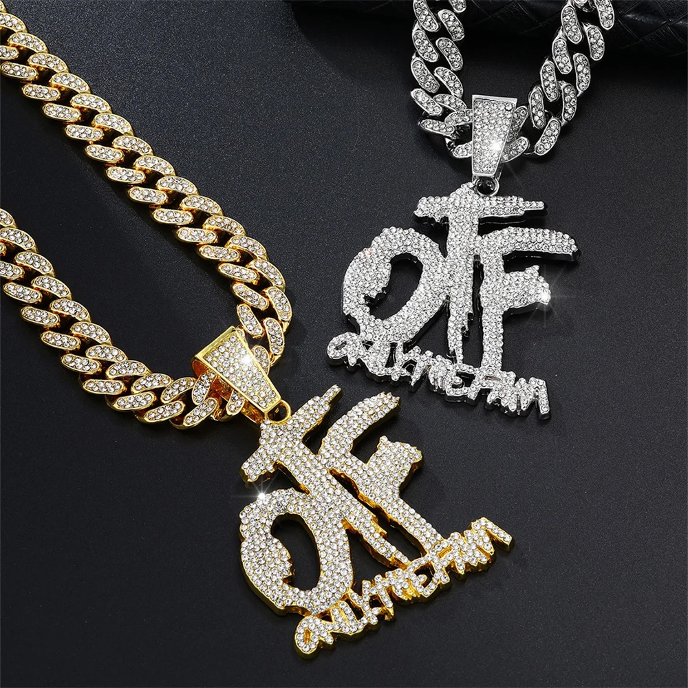 HIP HOP Bling Iced Out OTF Letter Pendant Cuban Necklace for Women Men Shiny Zircon Necklace Rapper Jewelry