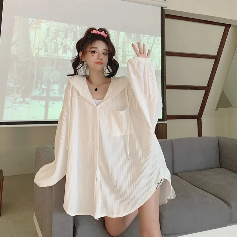 Jacket Women Korean Version of The Ice Silk Sunscreen Female Long-sleeved Summer Thin New Loose Thin Fashion Hooded Shirt Coat