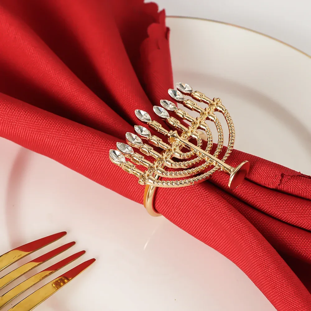 1pc Gold Napkin Ring Serviette Candlestick Buckles Jewish Hanukkah for Dining Table Chanukah Festival Wedding Party Decortion