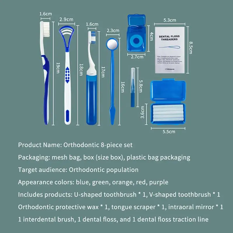 8-teiliges Zahnpflege-Set Zahnreinigung Zahnspangen Zahnbürste Interdentalbürste Zahnseide Ortho-Wachs Tragbares Reise-Kit – Detail 1