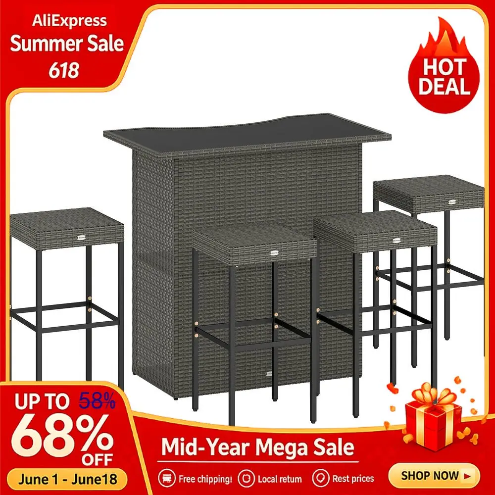 

5 Piece Wicker Bar Set, High Top Outdoor Table and Chairs, Height Patio Set with Glass Table Top 2 Tier Storage Shelf, Custom