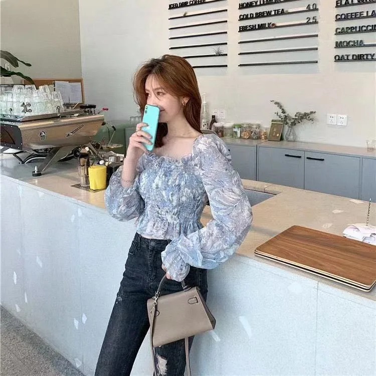 New Korean Version Cool and Cute Blueberry Oil Painting Chiffon Shirt Western-style Long Sleeve Square Neck Collarbone Blouse