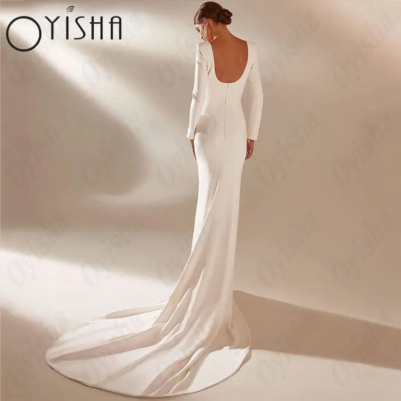 OYISHA Square Collar Satin Vestidos de casamento Simples Sereia Mangas completas Vestidos de noiva brancos para a mulher lindo Vestido De MariagesOYISHA Colar Quadrado Cetim Vestidos de Noiva Simples Sereia Mangas Comp