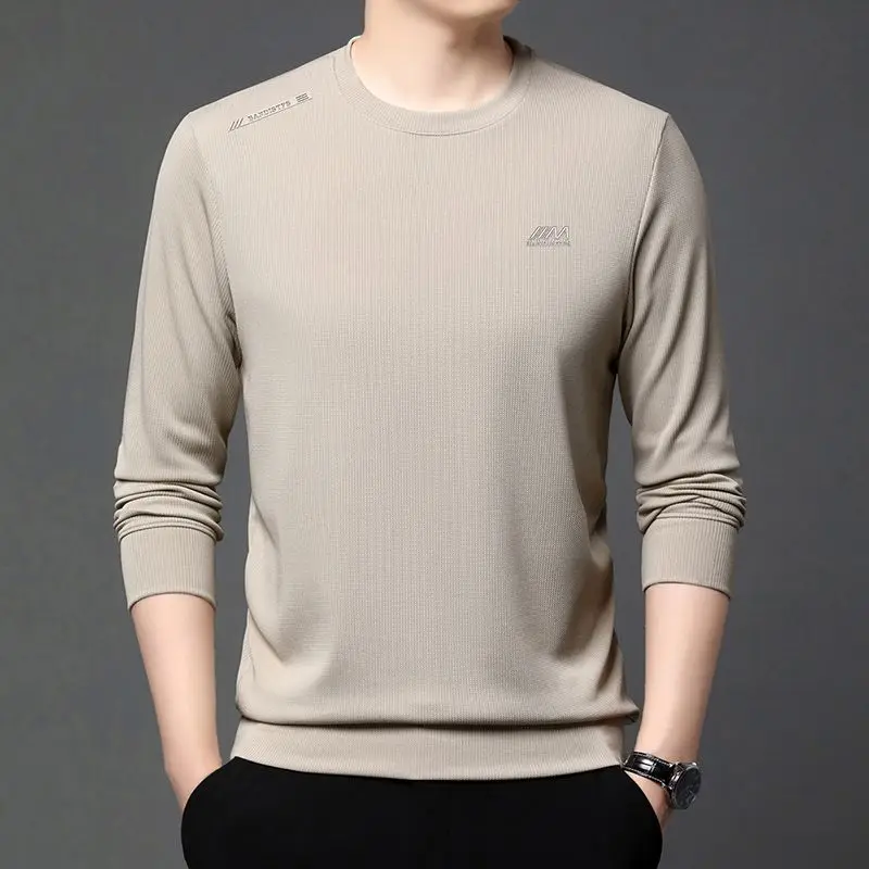 

Round Neck Casual Basic Pullovers 2025 Spring Autumn Stylish Letter Men's Clothing Solid Color Korean Daily Long Sleeve T-shirts