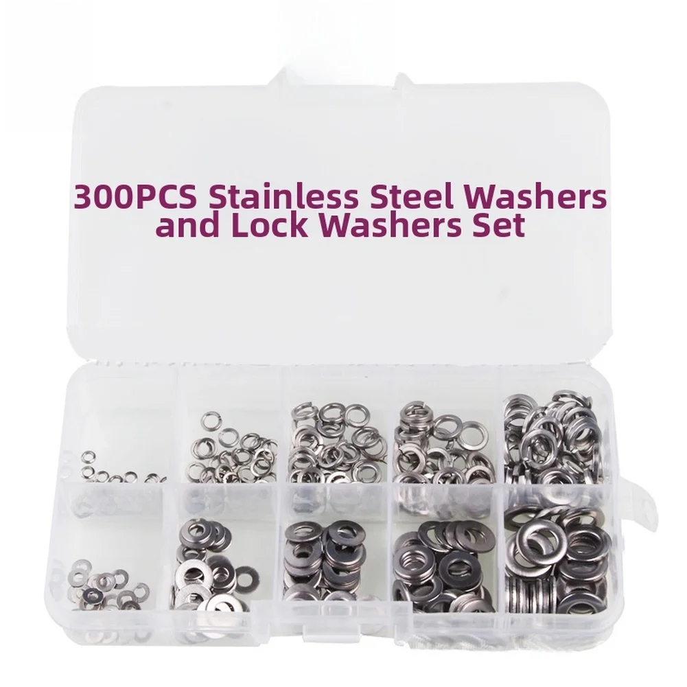 300PCS Stainless Steel Washer Collection With Both Flat And Spring Types For M2 For M3 M5 M6 Threaded Components