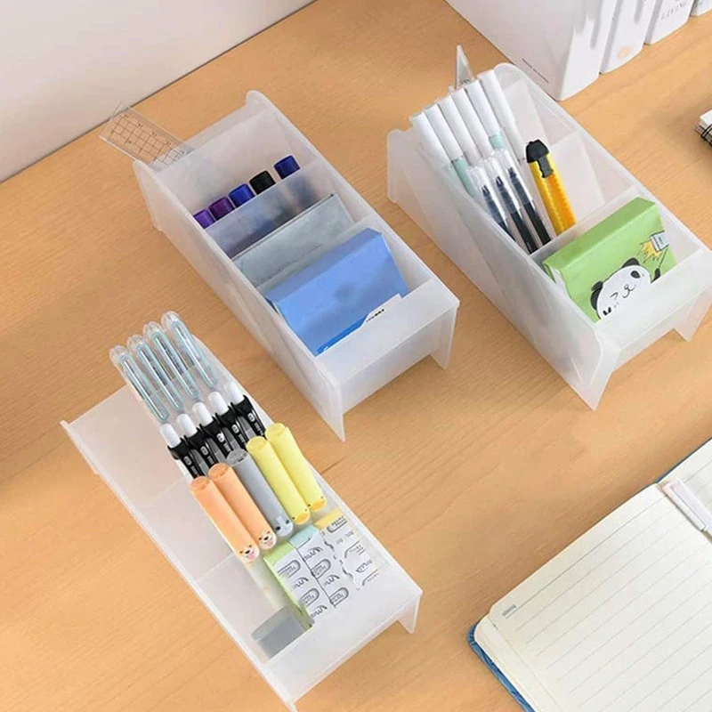 Desk Manager Pen Storage Rack Multi-Compartment Pen Holder Storage Box Stationery Solid Color Translucent For Office