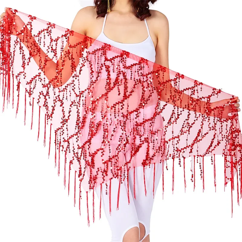 Новый стиль, шарф для танца живота с блестками и кисточками, индийские костюмы для танца живота, женский пояс для практики танца живота, треугольный шарф на бедрах