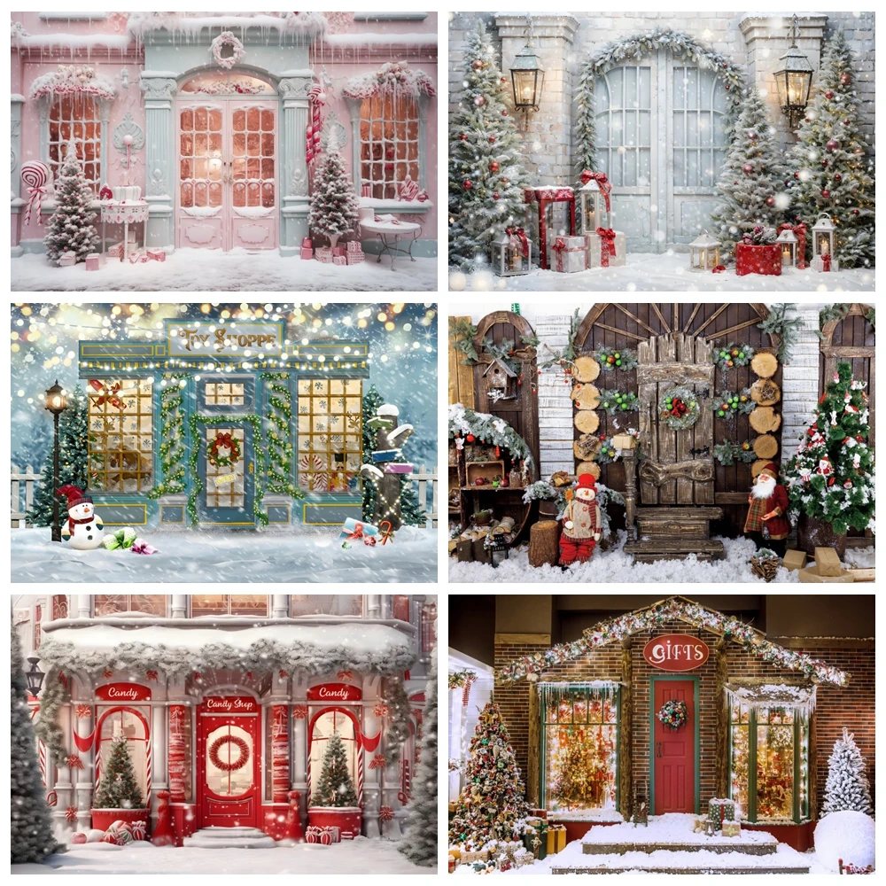 Christmas Candy Gift Shop Photography Backdrops Winter Outdoor House Snowy Snowman Xmas Party Decor Portrait Photo Background