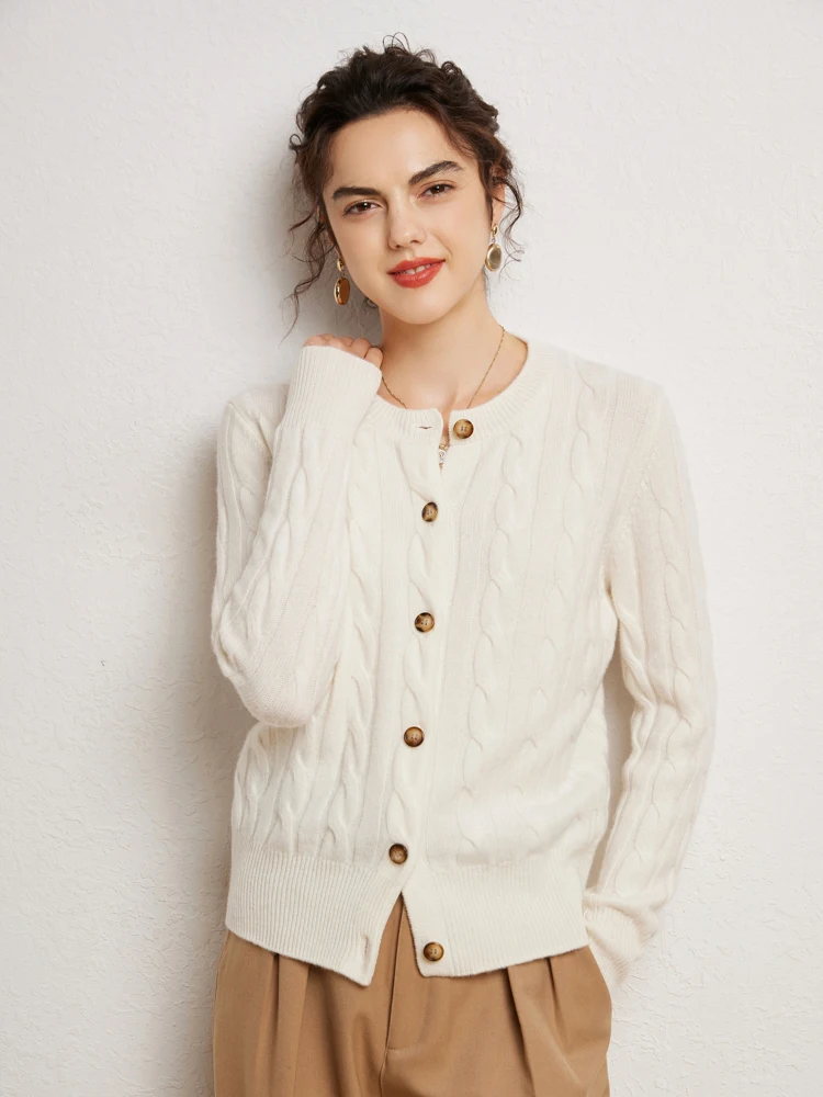 

2025 Women's 100% Cashmere Sweater O-neck Twist Flower Knitting Cardigan Spring Autumn Winter Cashmere Knitwear Soft Female Tops