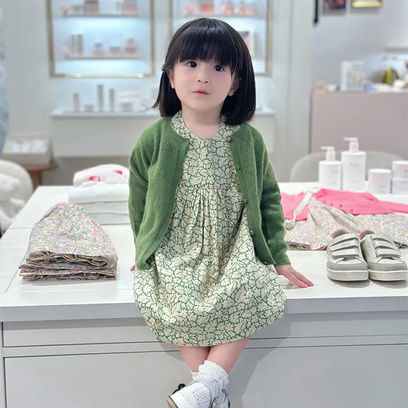 2024 Cherry Sweater For Baby Girl Kids Green Cardigan Thermal Knitted Wear For Children Luxury Kids Cardigan Sweater Wool Top