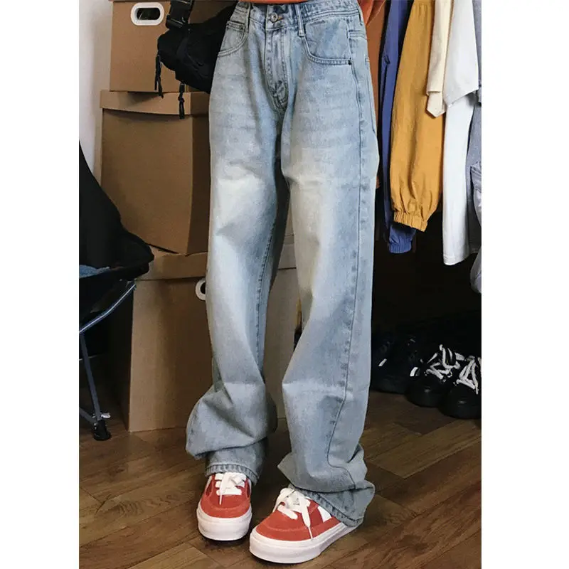 

Синие джинсы с завышенной талией, свободные прямые женские повседневные брюки, осень-зима, модные прямые брюки-трубы