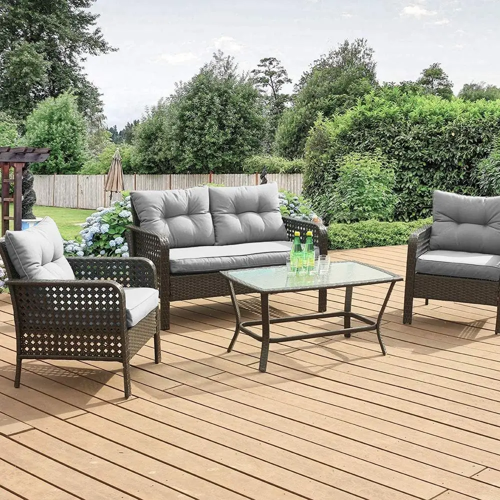 

4-Piece Outdoor Wicker Patio Furniture Set with Loveseat, Coffee Table, and Chairs for Deck, Balcony, Backyard (Grey)