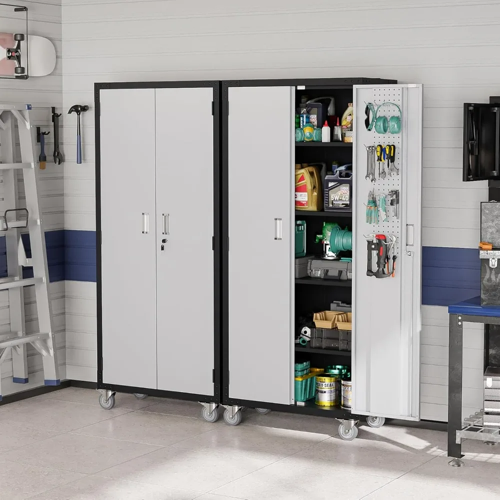 

Высокий металлический шкаф для гаража 72 дюйма с перфорированными панелями, колесами, запирающимися дверцами и регулируемыми полками