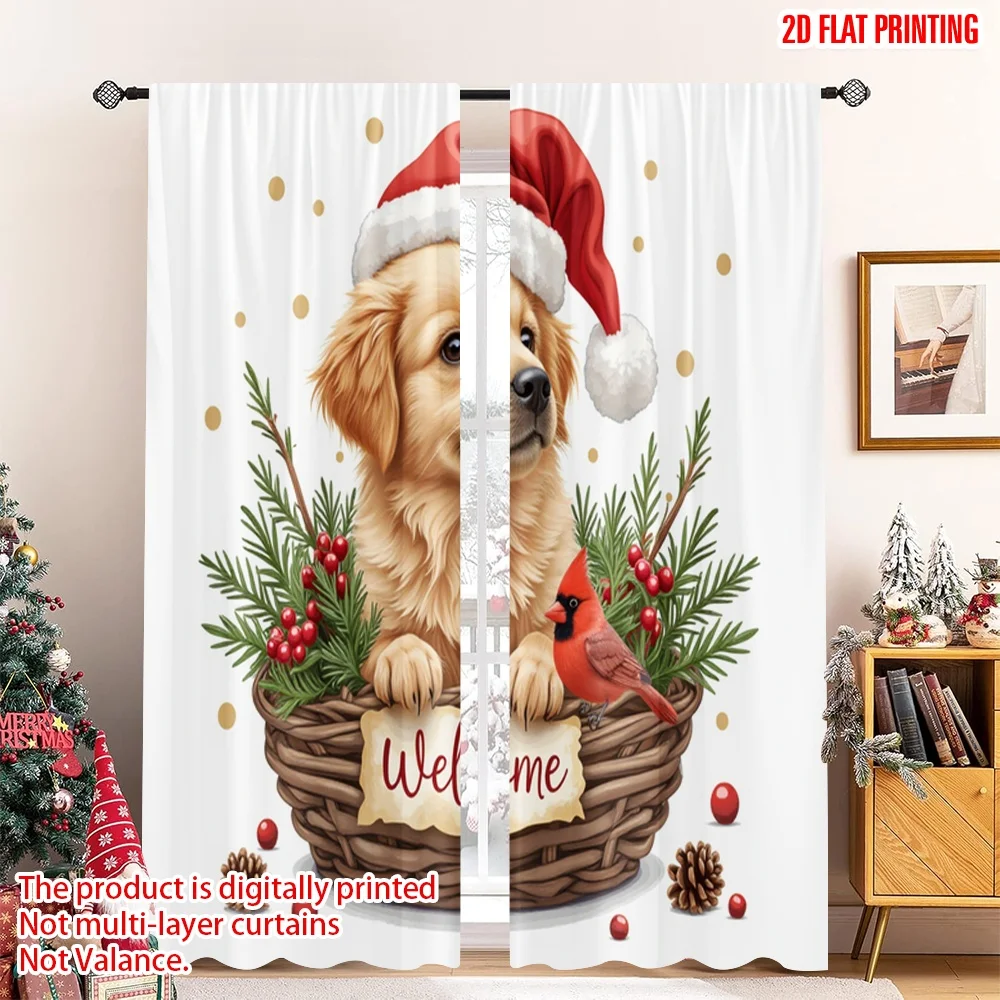 

2pcs 2D flat printing Christmas Party Curtain Christmas Dog Cardinal Welcome Polyester Without Electricity Spring Use for Photo