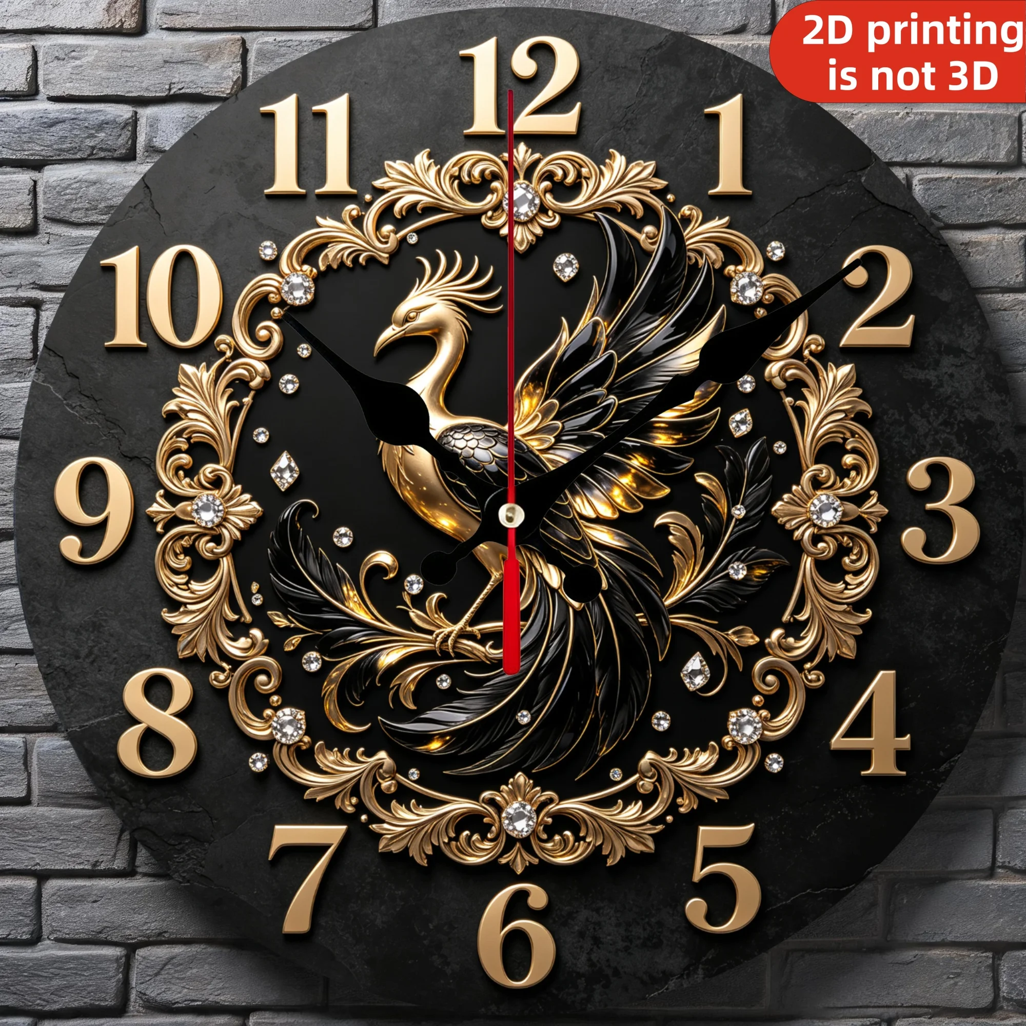 Gothic Black Gold Phoenix Wooden Wall Clock, 10/12 Inch Round Wood Clock, Silent Non Ticking Quartz Movement, Dark Luxury Mythical Bird Home Decor