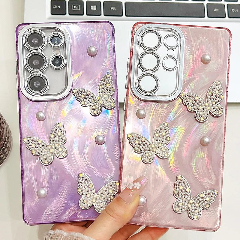 حافظة فاخرة على شكل فراشة لؤلؤية لامعة لهاتف سامسونج جالاكسي S25 Ultra S24 FE Plus S23 Ultra A16 A26 A36 A56 A15 A25 A35 A55 A54