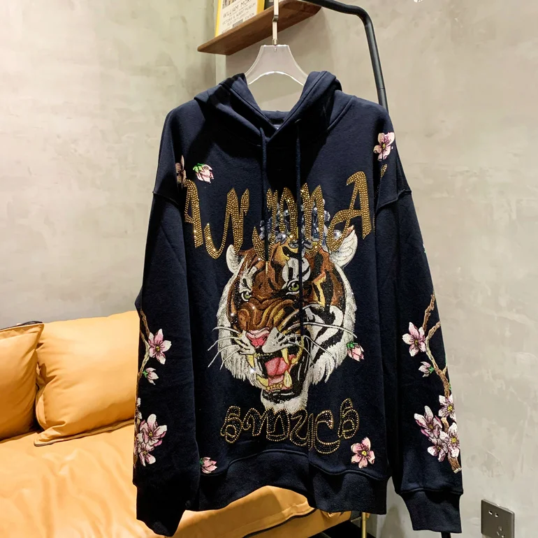 

Men Women Roaring Tiger Peach Blossom Rhinestone Hooded Pullover Top Streetwear Hoodie Trendy Autumn Sweatshirt Terry Clothes