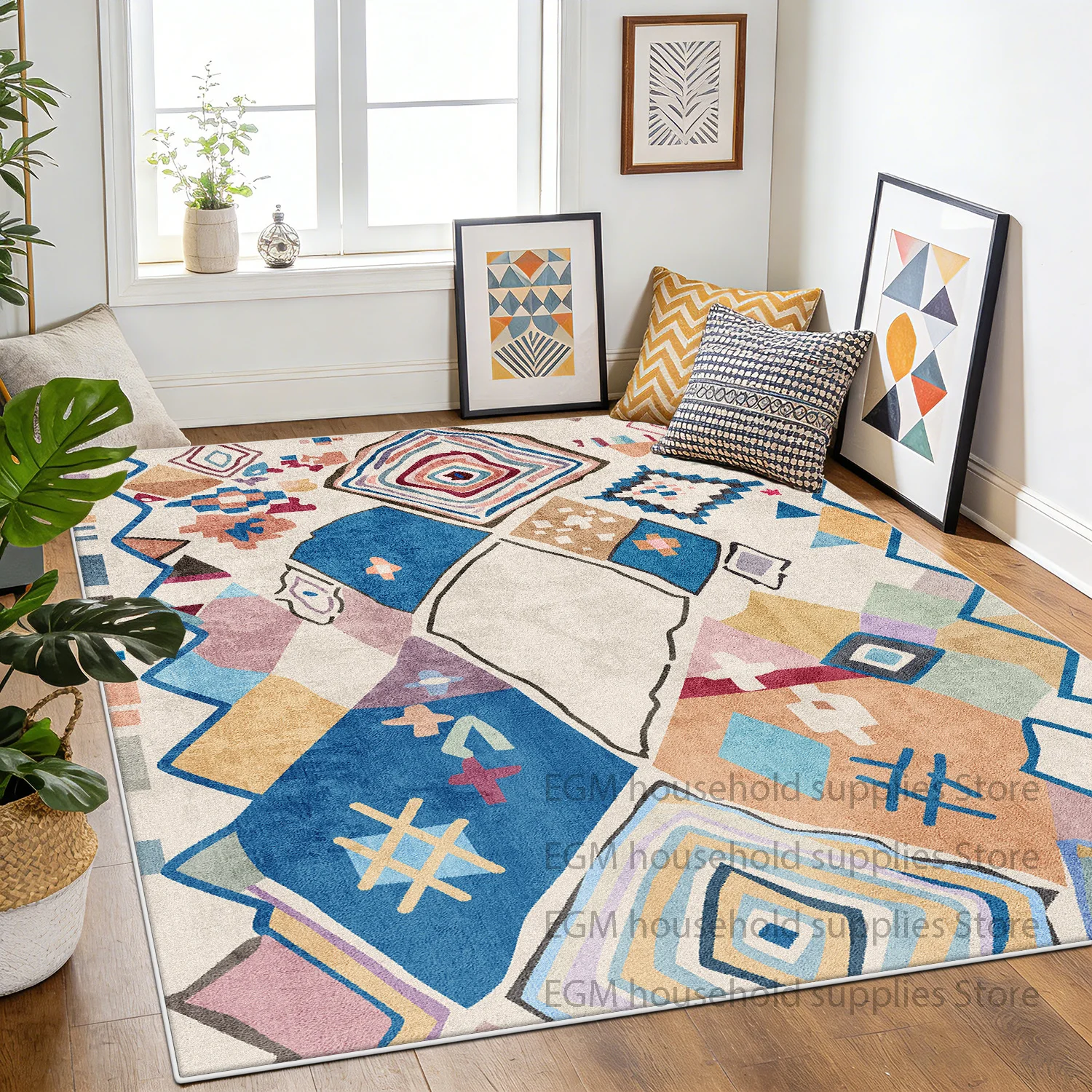 Boho Geometric Soft Pile Fabric Carpet Luxury Decorative Rug for Living Room Universal Size Non-slip Washable Bedroom Floor Mat
