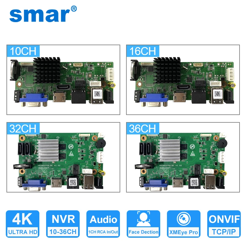 Smar 4K NVR kurulu 9/10/16/32/36CH H.265 + ağ Video kaydedici için 1080P 5MP 8MP IP kamera desteği yüz algılama bulut XMeye