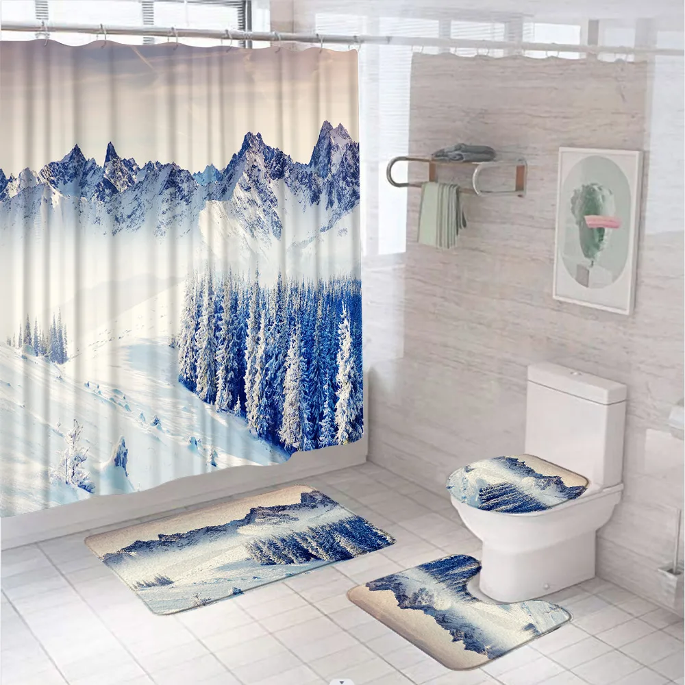 

Snow Mountains Forest Rustic Shower Curtain Set Winter Scenery Tree Flannel Non-Slip Bath Mat Bathroom Rug Toilet Lid Cover Home