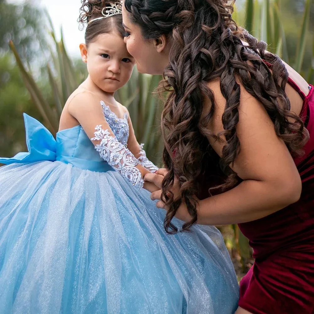 Sky Blue Toddler Flower Girl abiti Tulle Beaded Bow maniche lunghe festa di nozze compleanno Pageant Robe Holy First comunione Gown