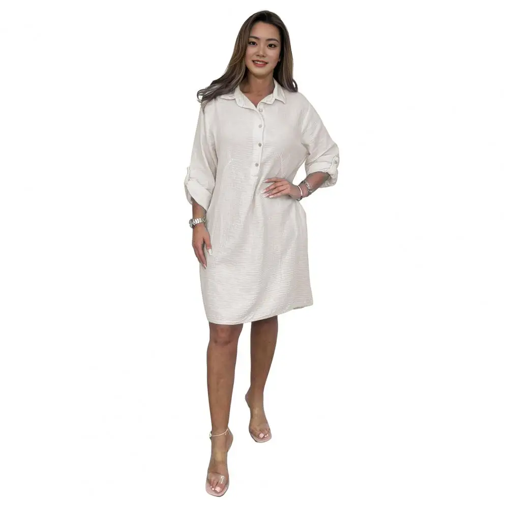 Robe Chemise Femme avec Poches, Ligne A, Midi, Col Rabattu, lèvent de Manchette, Détail pour l'Automne et le Printemps