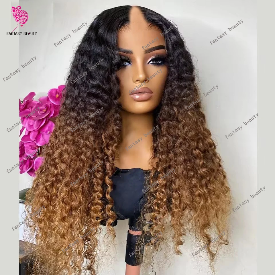 

OmbreHoney Golden Blonde V Part Wigs Kinky Curly Unprocessed 100% Human Hair Highlight Dark Brown Water Wave U Shape Full End