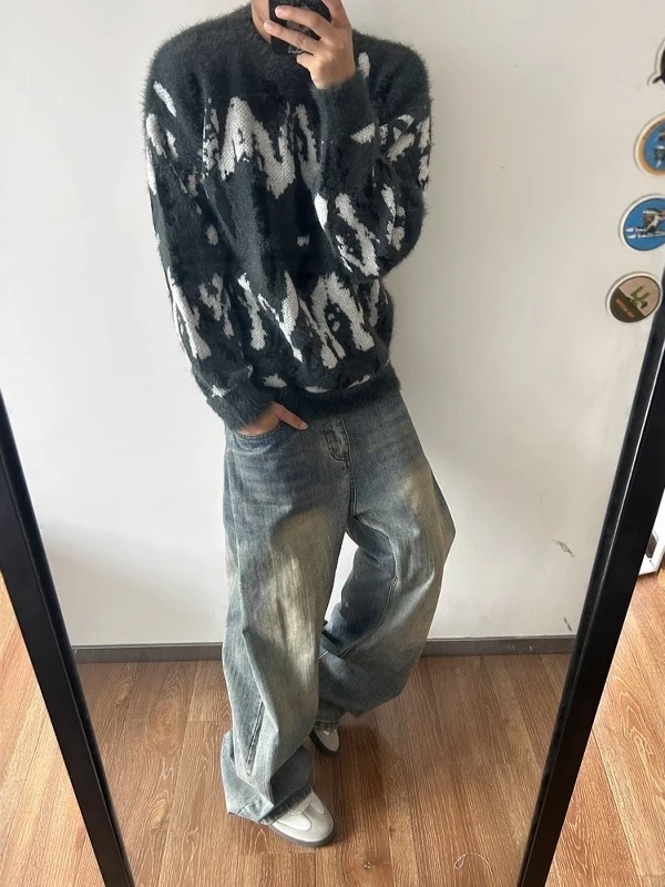 

Retro American Dyed Color Blo round Ne Sweater Loose Casual Knitted Top for Men And Women Autumn Winter Lazy Sle Base S...