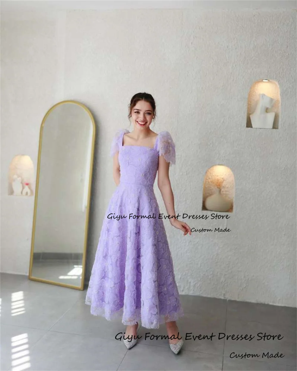 Giyu A-line Lace Followers Wedding Dresses For Woman Purple Sweetheart Collar Evening Party Dress Ankle-Length Summer Dress