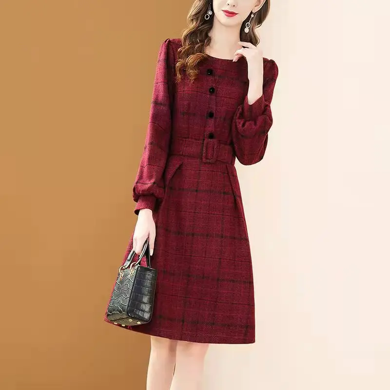 

Women Dress Fashion Plaid for Ladies Puff Sleeve Single-breasted Famale Party Dress with Sashes Spring Elegant Clothes K89