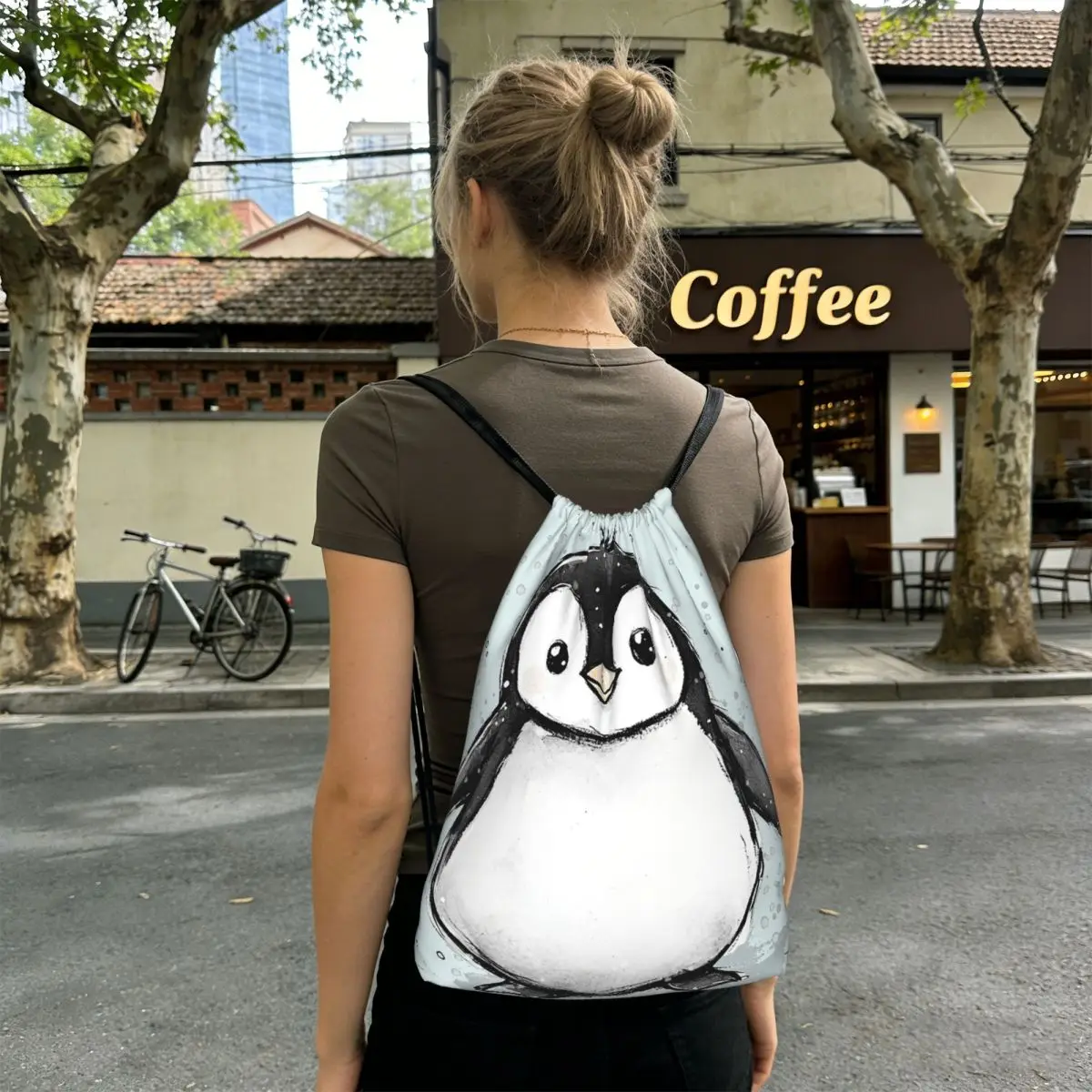 Cute Penguin Baby In The Snow Backpacks Fashion Drawstring Bags Sports Bag Book Bags for Travel School