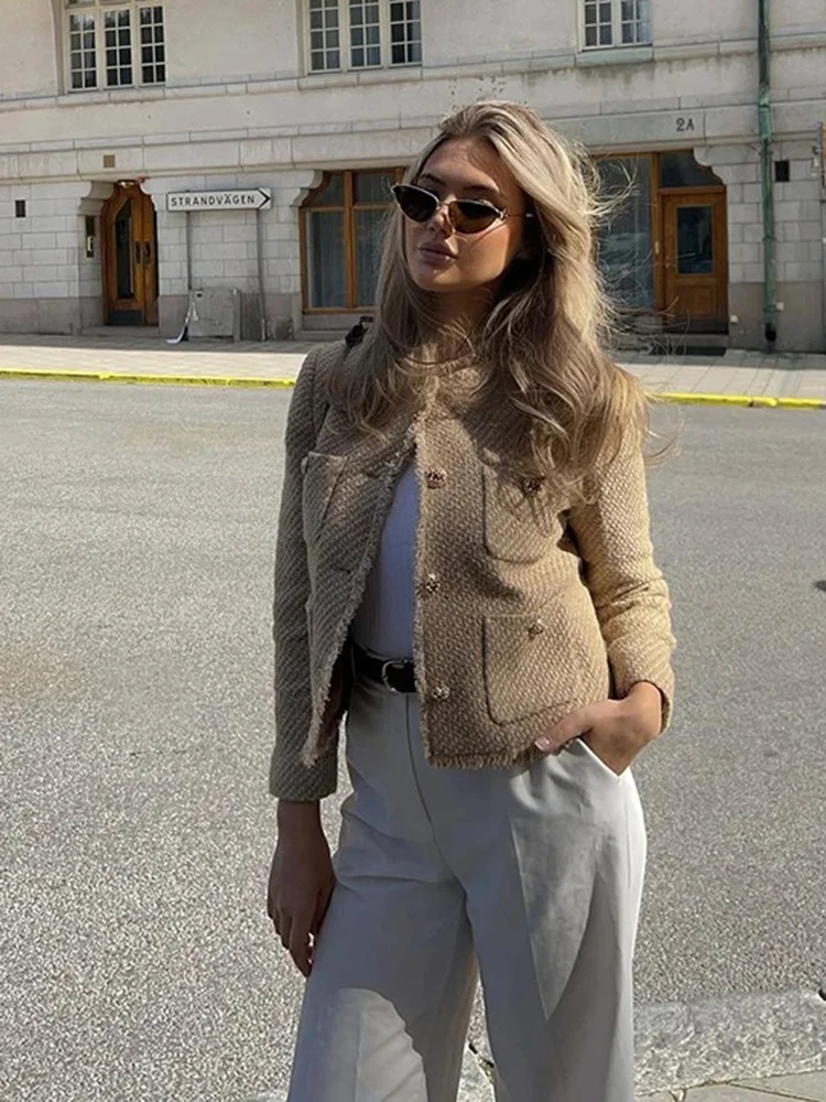 

женские осень и зима элегантный твид кардиган куртка мода круглый вырез с длинным рукавом куртка случайные короткие кнопки топ