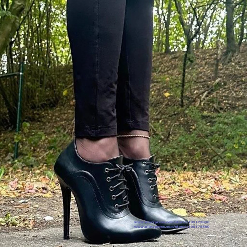 Pointed Toe Lace-Up Stiletto Heel Pumps Black Matte Leather High Heels Designer Dress Party Shoes Sandalias De Mujer Verano 4