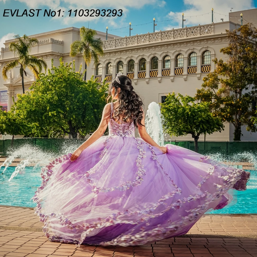 EVLAST Maßgeschneidertes glänzendes lila Ballkleid-Quinceanera-Kleid mit Blumenapplikationen und Perlenstickerei, abgestuft, Sweet 16, Vestidos de 15 Anos E1QN13