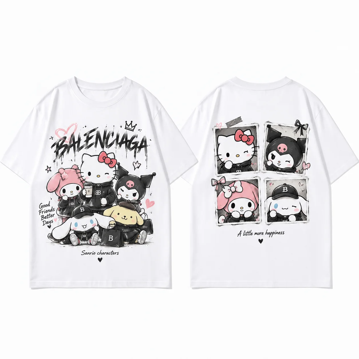 Sanrio Hello Kitty Good Friends Parent Child Graffiti Print T Shirt Men's Women's White Kawaii Cute Streetwear Short Sleeve Top