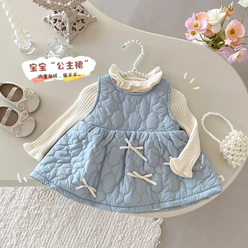 Girls' Fleece-Lined Vest Dress0-5Year-old Winter Baby Girl Solid Color Quilted Dress Children's Stylish DressAQ086