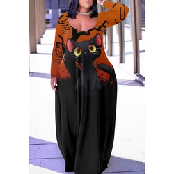 Plus Size Daily Colorblock Black Cat Print U Neck Long Sleeves Loose Maxi Dress