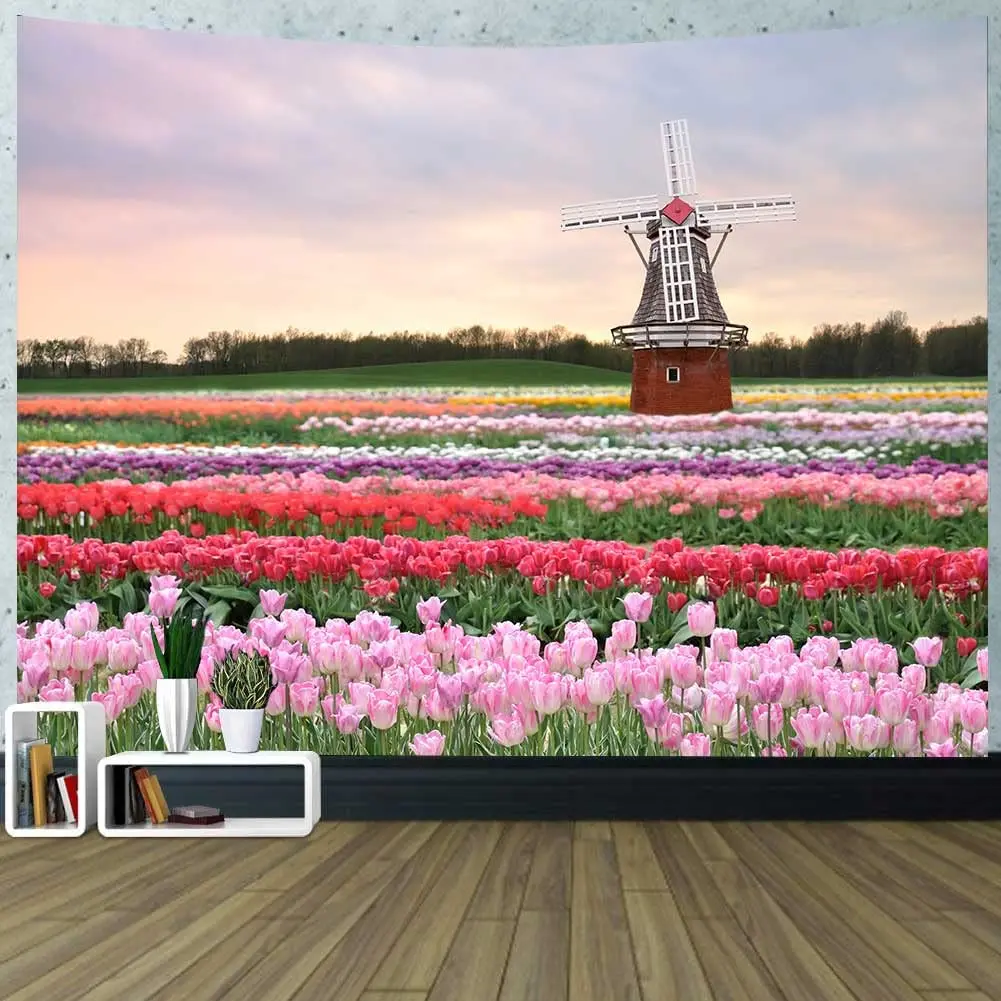 Landscape Tapestry Tulip Field Tapestry Dutch Windmill House Tapestry Sunset Sky Wall Hanging Decor for Bedroom Dorm Home Decor