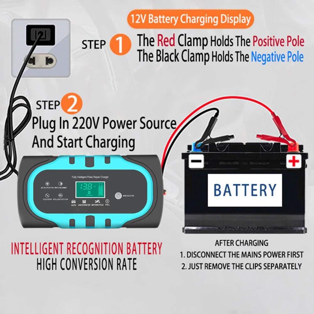 Para motocicleta, batería de plomo seco y húmedo, cargador de batería de coche inteligente, cargador de batería con pantalla Digital, reparación de pulso de 12V 10A