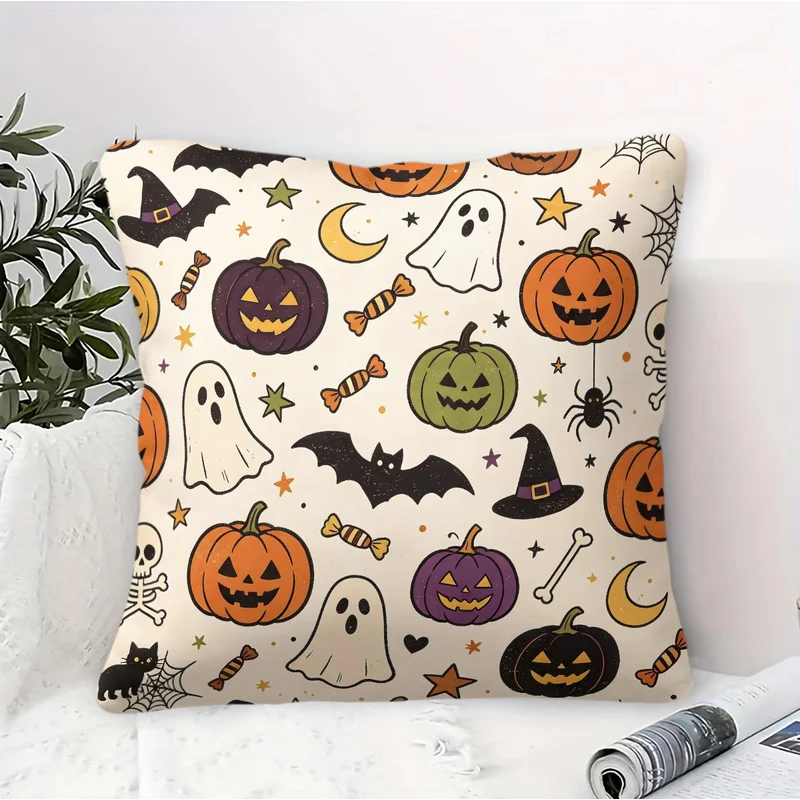 45x45cm 1Pc Halloween Square Throw Pillow With Insert,Multi-Scene Decoration,Cute Ghost Pumpkin Bat Black Cat Spider Candy Print
