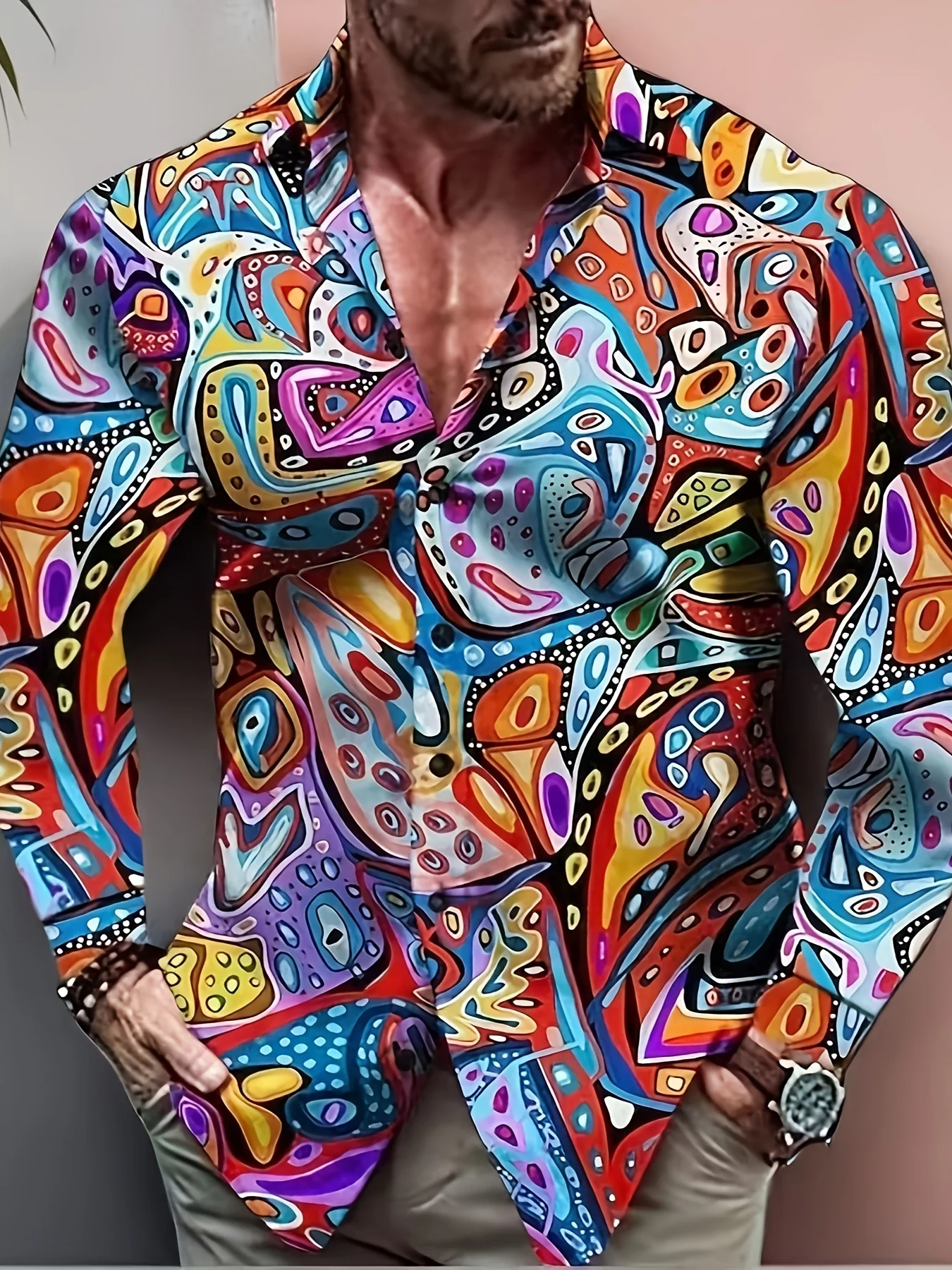 

Men's Shirt Spring And Autumn New Long Sleeve Shirt With Turned Collar Fashion Design Elements Hawaiian Shirt，