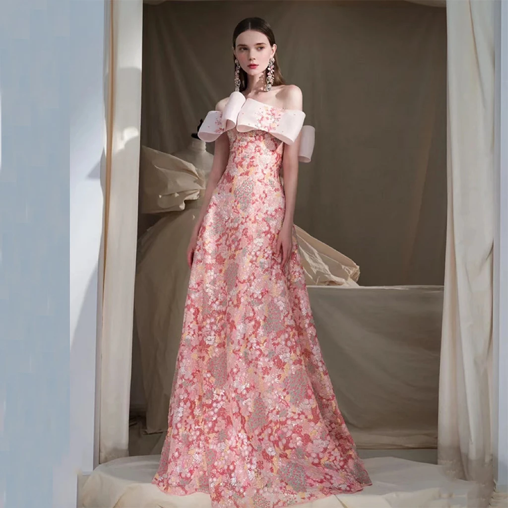 

Gorgeous Floral Prom Dresses Boat Neck Luxury Banquet Bow Applique Dubai Robe De Soiree High-end Custom Host Party Evening Gown